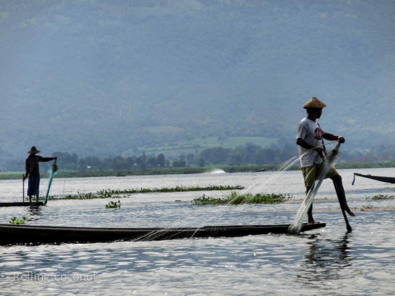 Fishermen casting Nets in Inle Lake Myanmar ooaworld Rolling Coconut Photo Ooaworld