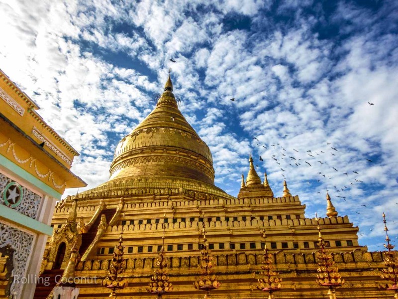 Gold Temple Sky Clouds and Birds Bagan Myanmar Ooaworld Rolling Coconut Photo Ooaworld