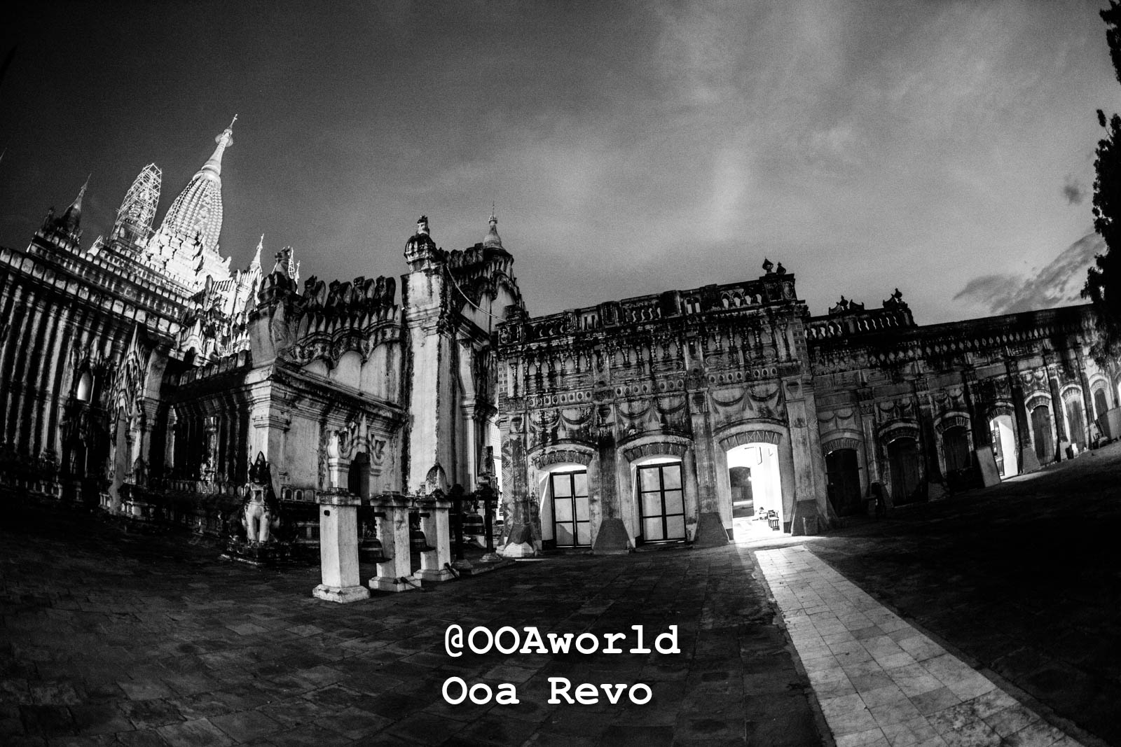 Bagan Landscapes Part I Bagan black and white photo of dramatic architecture at dusk with illuminated doorway Photo OOAworld