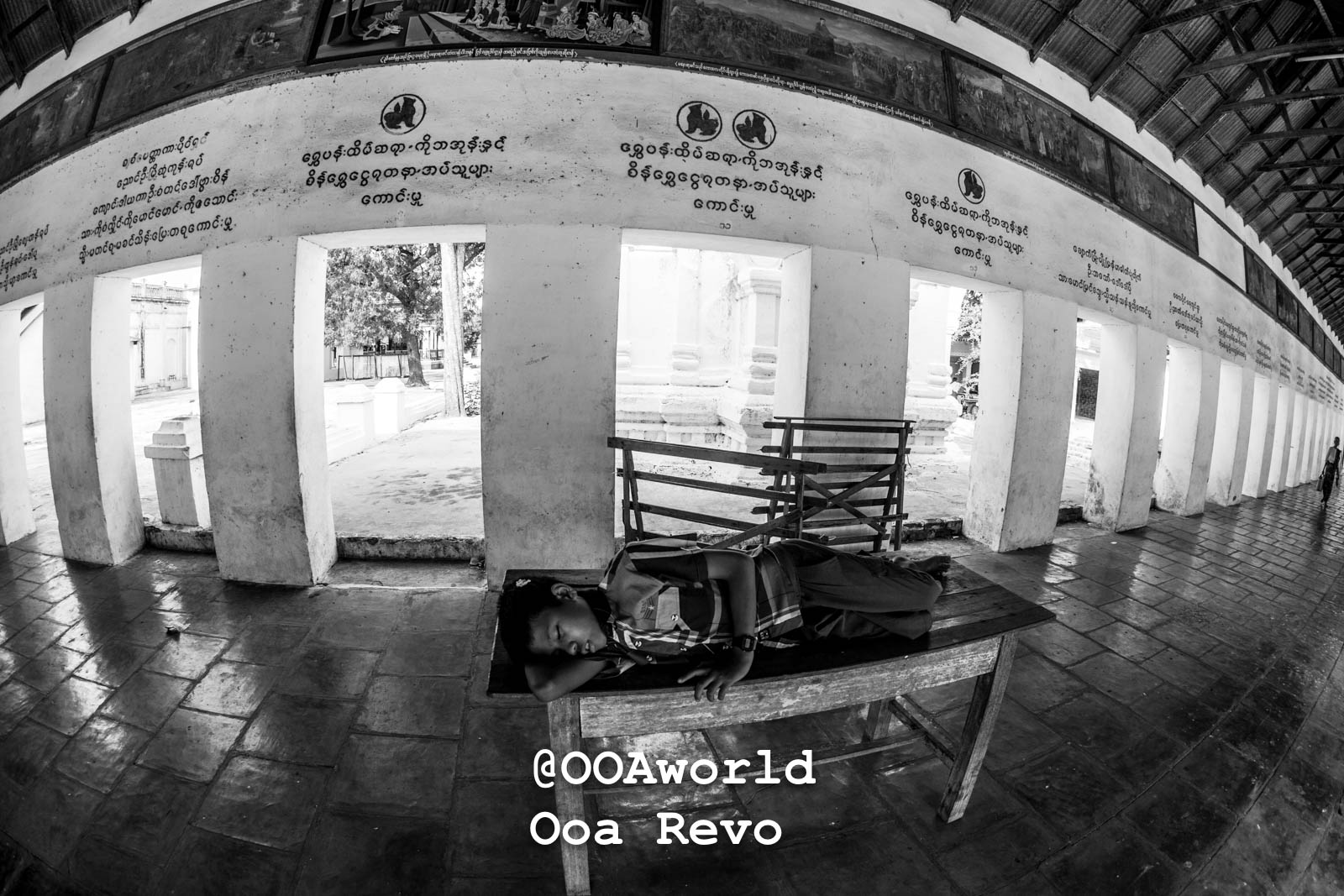 Bagan LandscapesPart II Bagan child sleeping on bench in temple corridor Myanmar Photo OOAworld