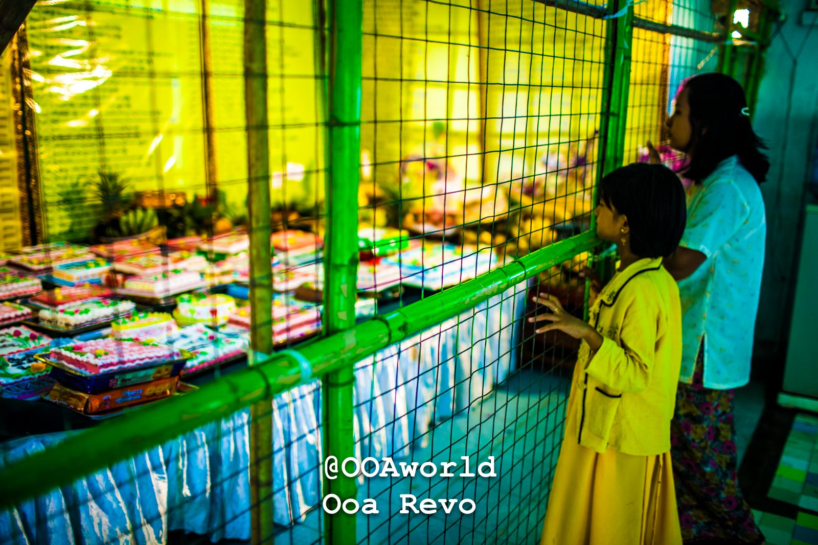 Bagan People Part II Bagan children observing colorful cakes behind a green mesh barrier in vibrant setting Photo OOAworld