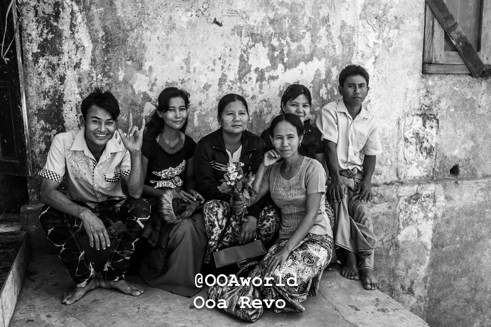 Bagan Portraits Bagan Group of six Burmese people smiling in black and white portrait Photo OOAworld