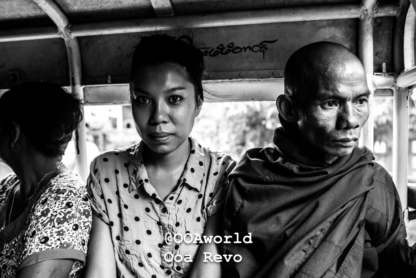 black and white portrait of people in public transport Myanmar Photo OOAworld