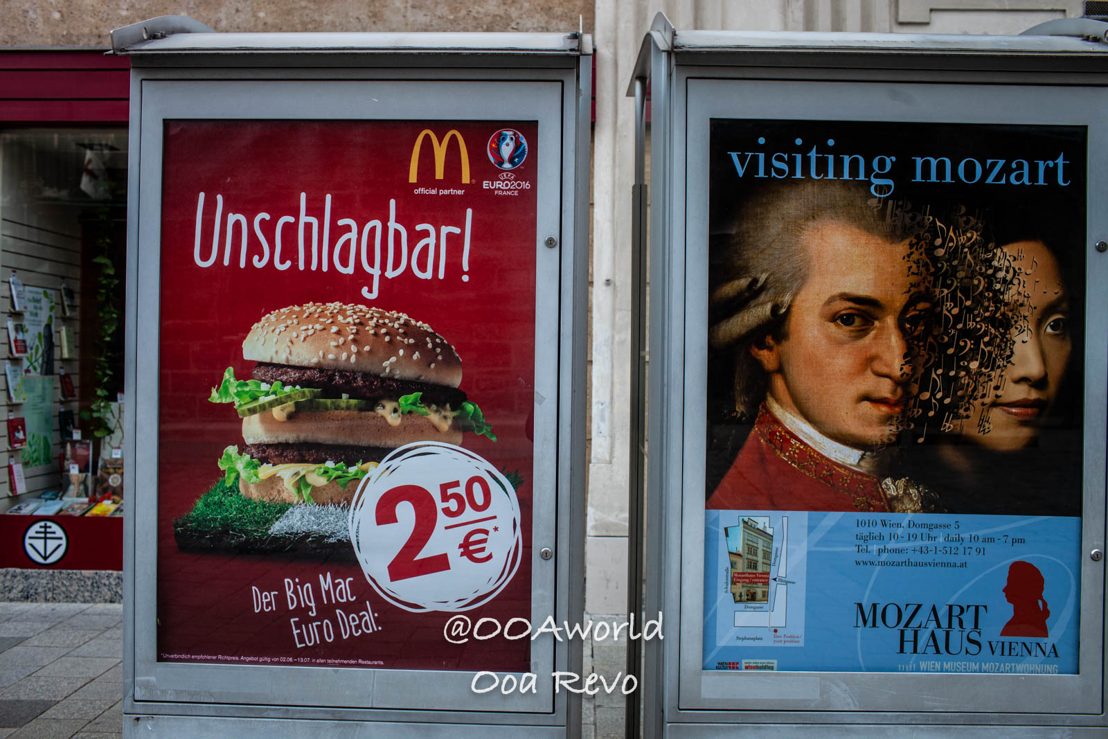 Vienna Austria advertisements for McDonald's Big Mac and Mozart Haus Vienna Photo OOAworld