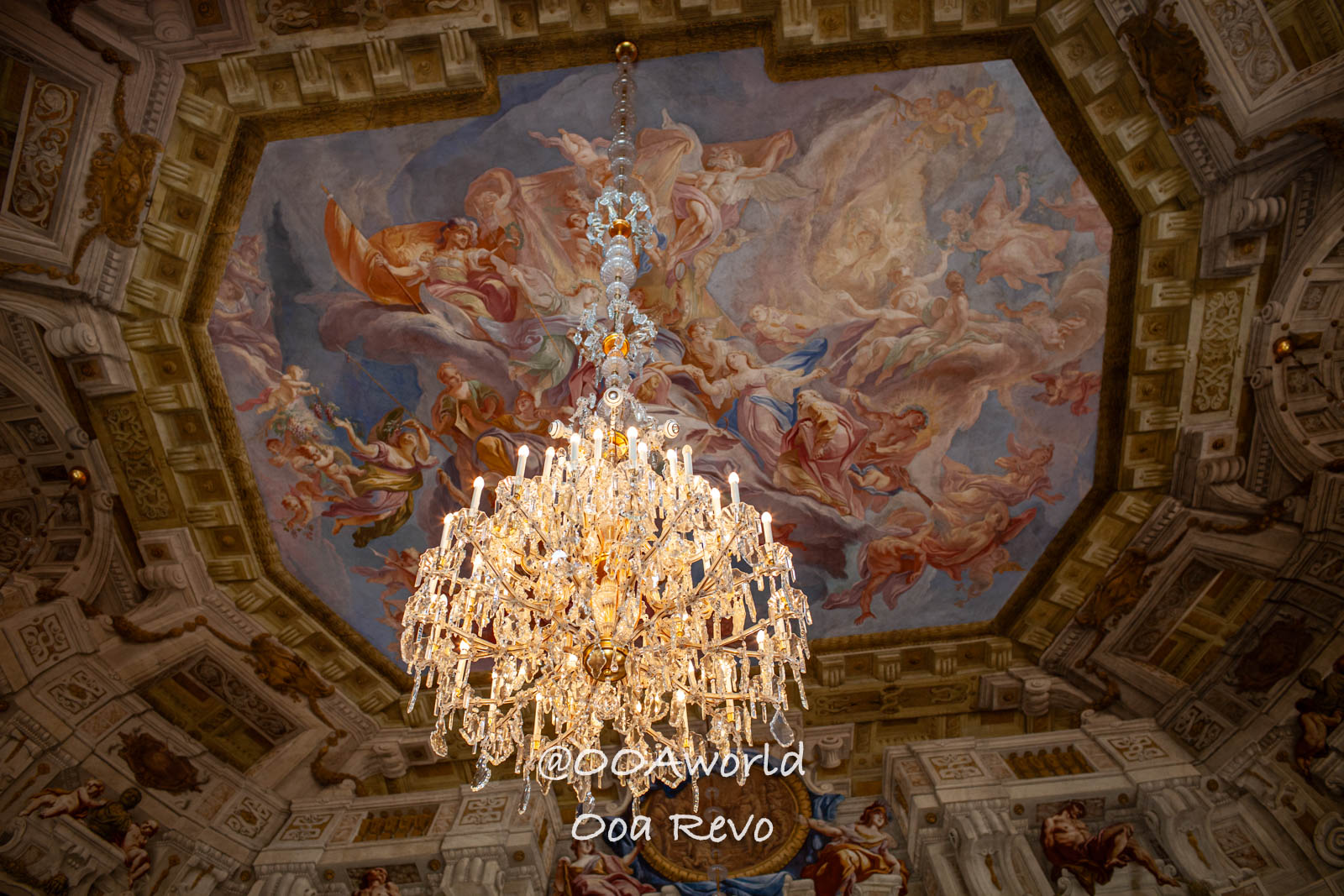 Vienna Austria Ornate ceiling fresco and chandelier in historic building Photo OOAworld