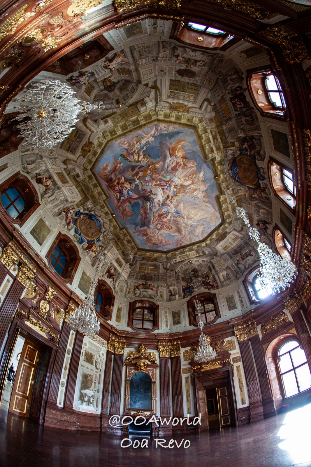 Vienna Austria ornate baroque ceiling fresco and chandelier Photo OOAworld