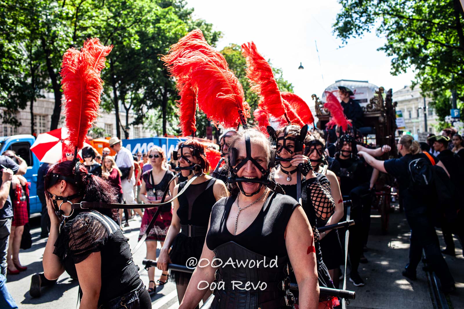 Vienna Gay Pride Austria performers dressed in black and red feather costumes in a parade Photo OOAworld