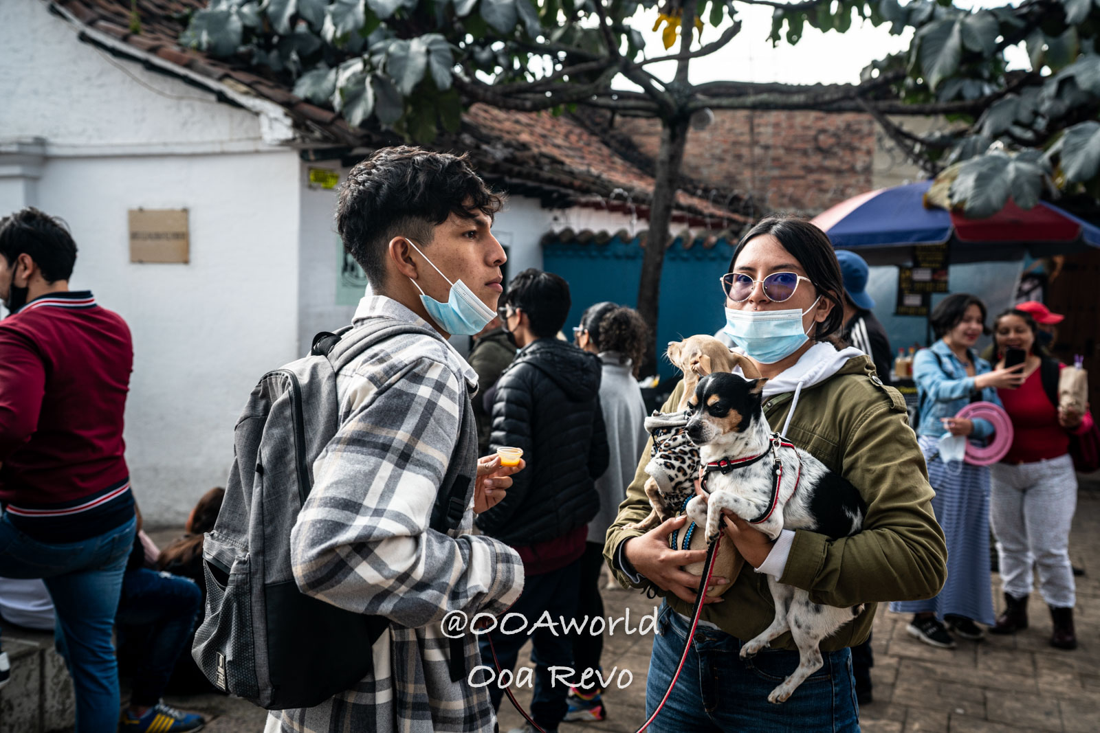 La Candelaria Bogota crowded street scene with people and dogs in masks Photo OOAworld
