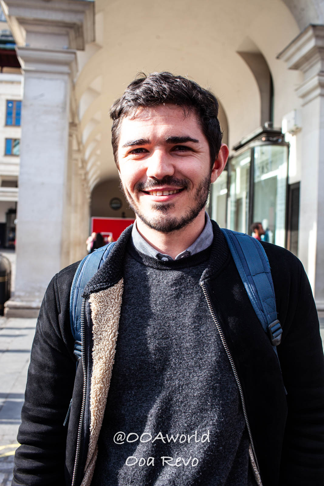 Covent Garden Central London London Smiling Man Casual Outdoor Portrait Photo OOAworld Covent Garden Central London London smiling man in casual attire outdoor Portrait Photo OOAworld