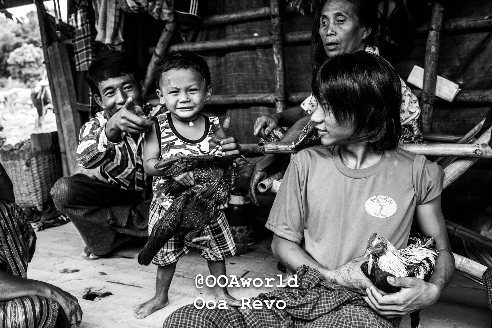 Inle Lake People and Landscape Inle Lake Burmese family with chickens black and white Photo OOAworld