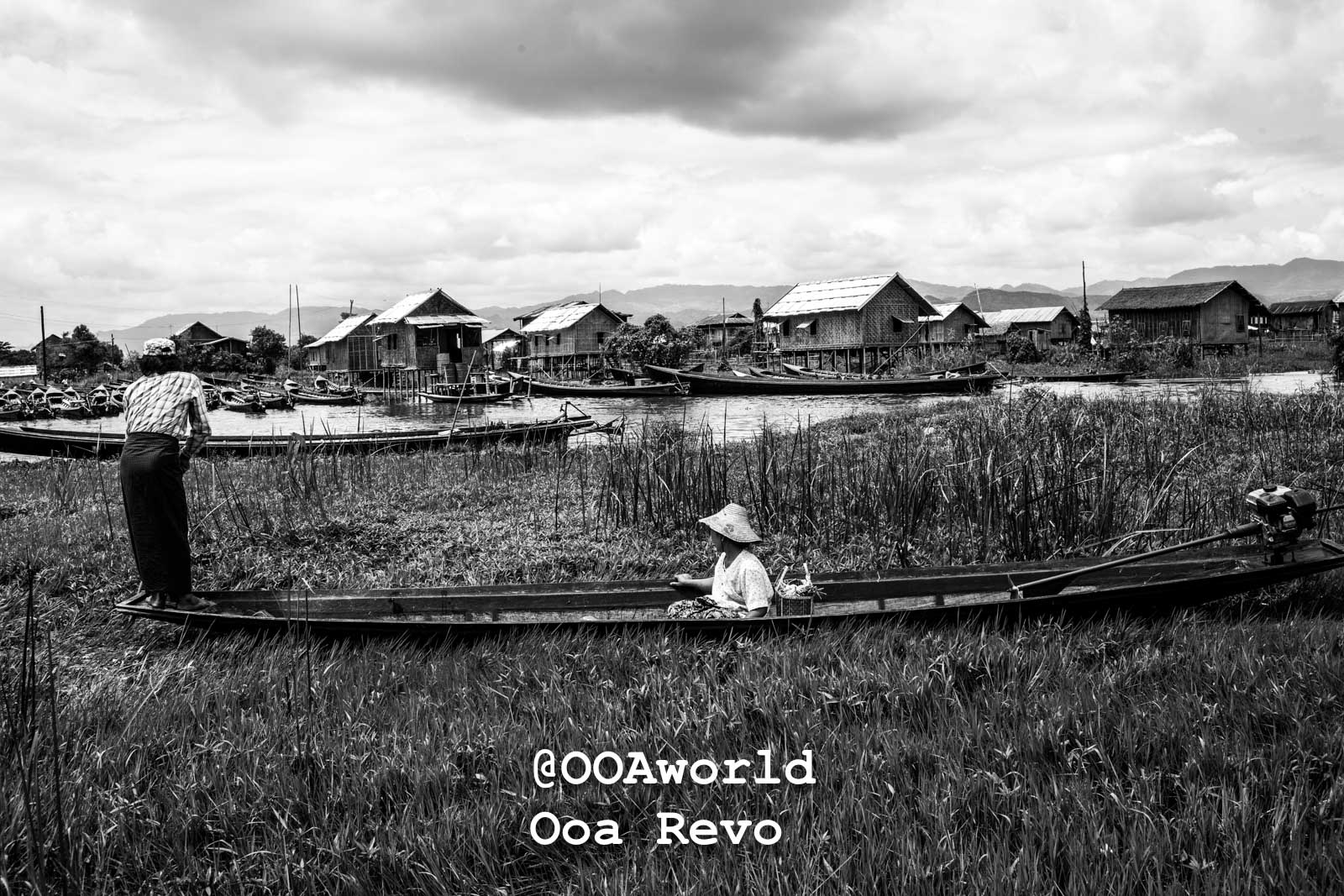 Inle Lake People and Landscape Inle Lake Black and white photo of floating village with boats and people in Myanmar Photo OOAworld