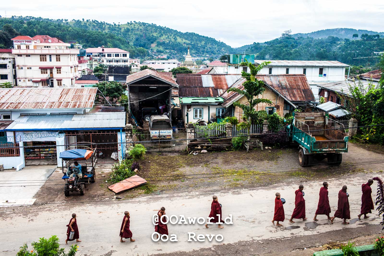 Kalaw Landscapes and Textures Kalaw Htee Thein Monks walking in a village in Myanmar Photo OOAworld