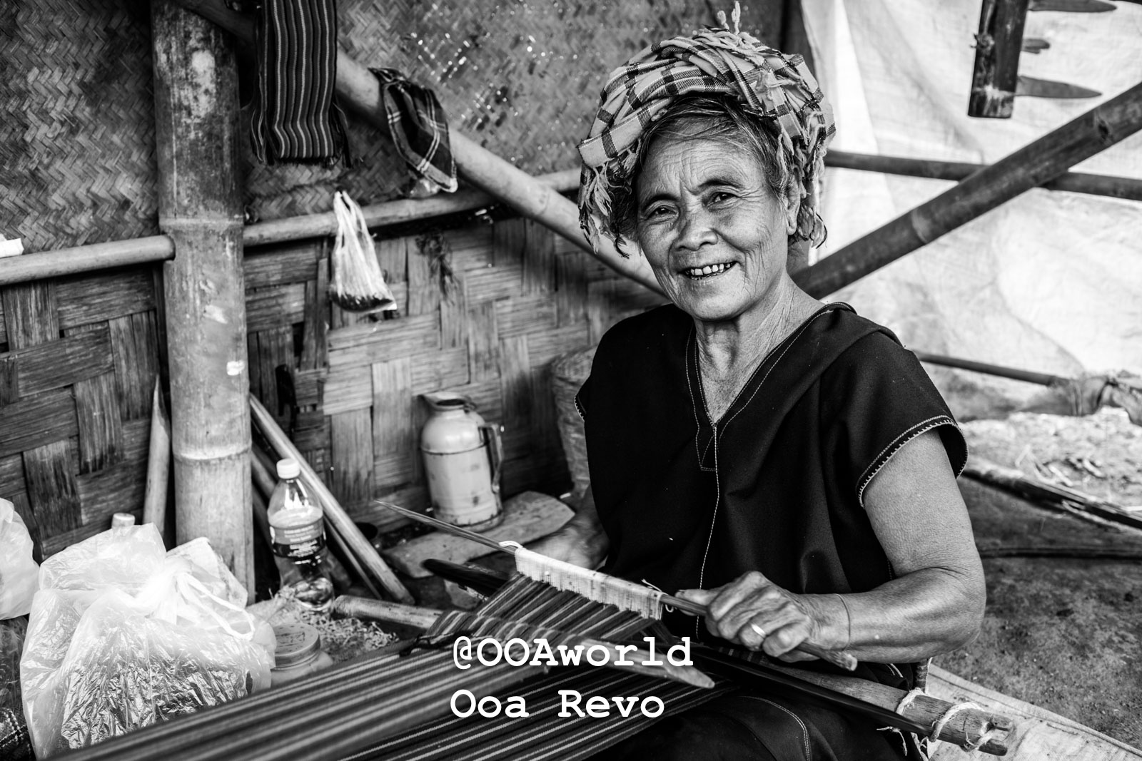 Kalaw Portraits Kalaw Htee Thein smiling elderly woman weaving in traditional setting black and white Photo OOAworld