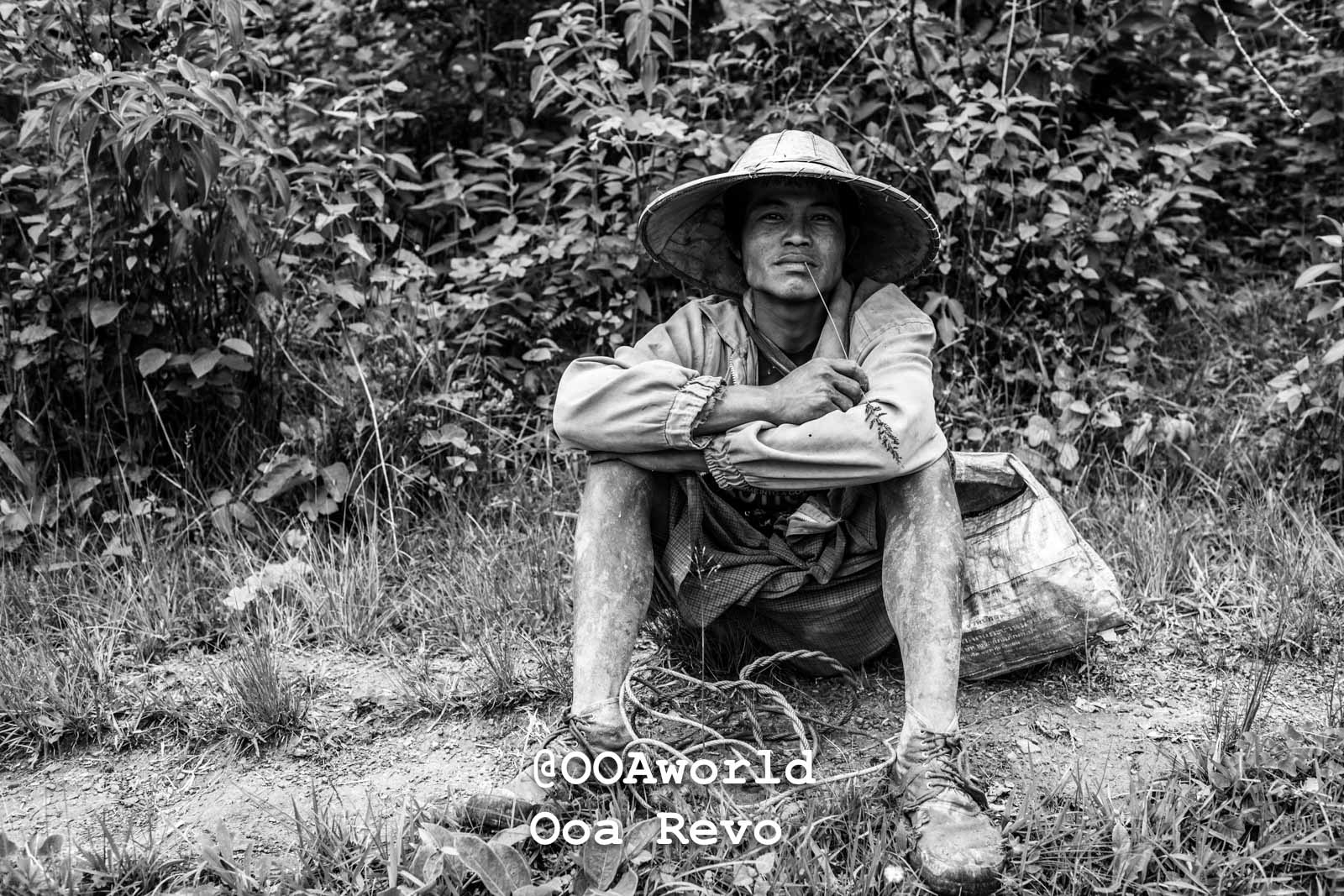 Kalaw Portraits Kalaw Htee Thein man resting wearing straw hat in forest black and white Photo OOAworld