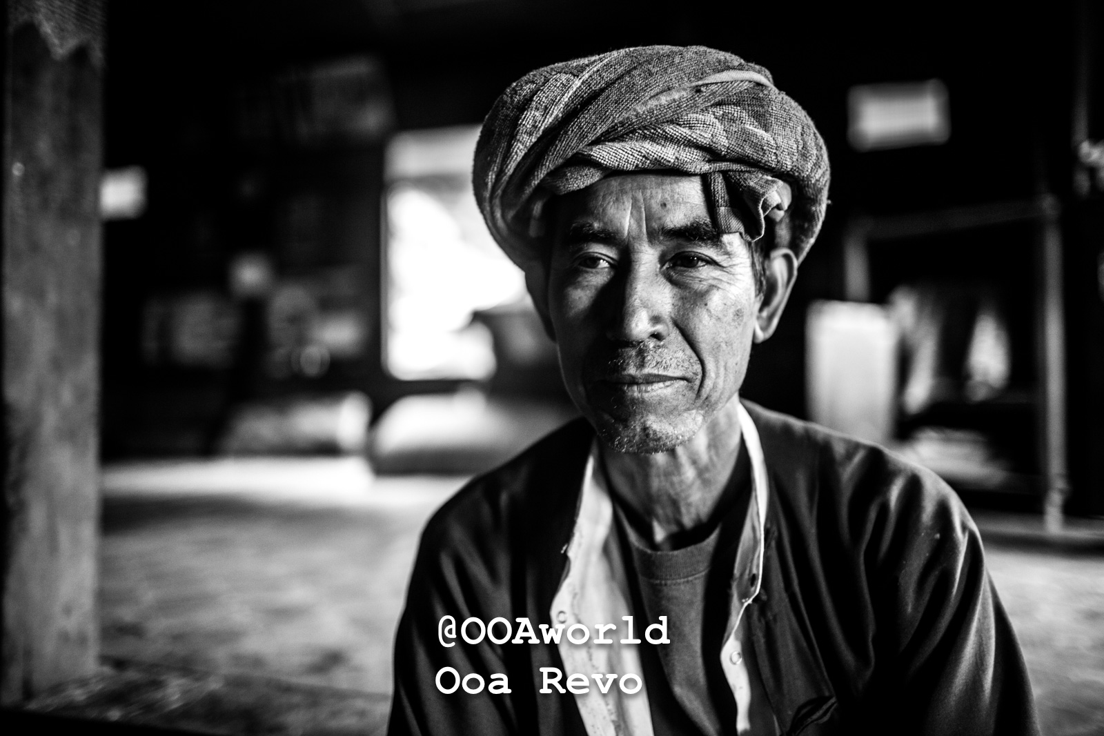 Kalaw Portraits Kalaw Htee Thein portrait of a man in traditional attire black and white Photo OOAworld