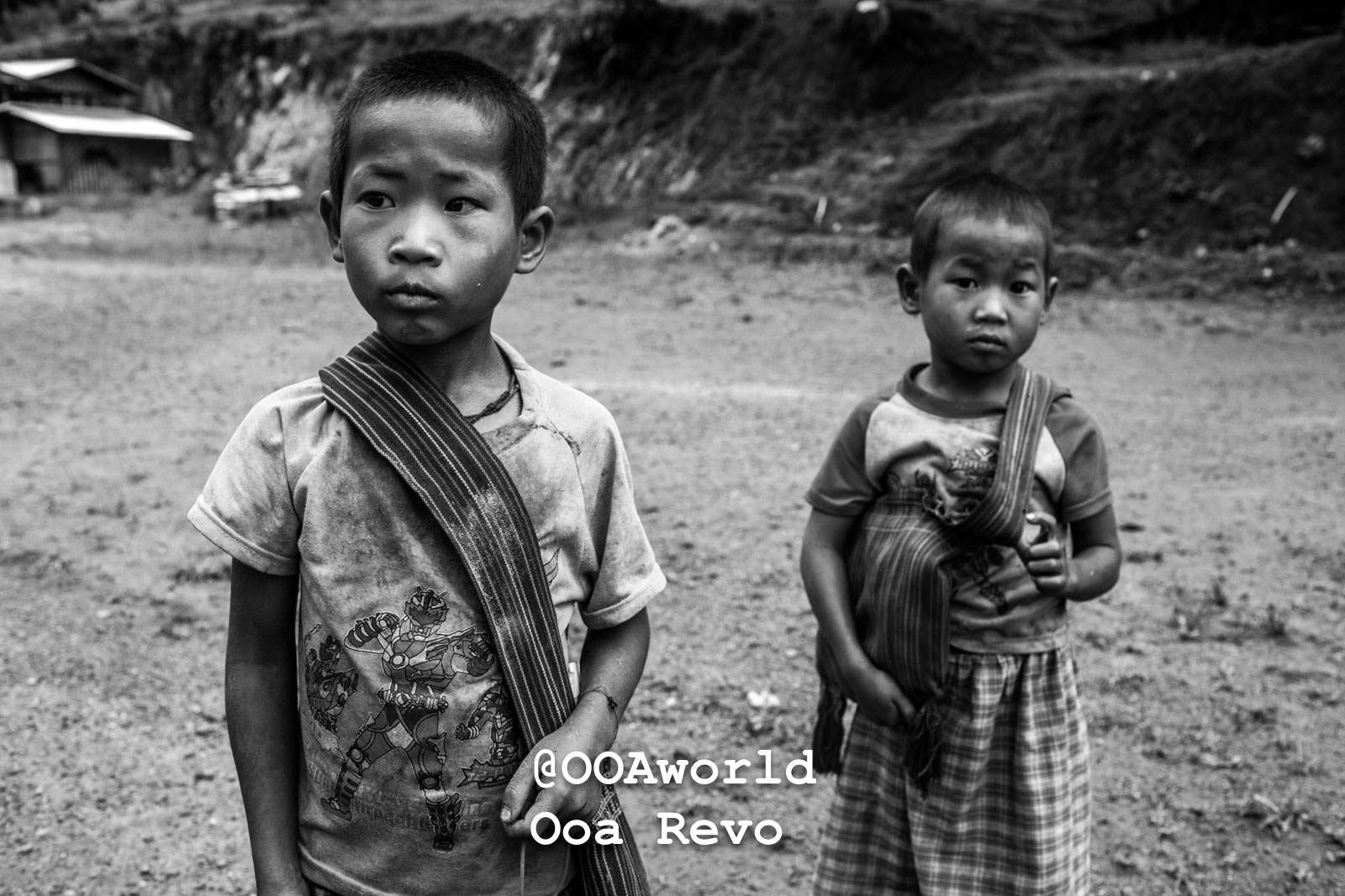 Kalaw Portraits Kalaw Htee Thein Black and white portrait of two young children in rural setting with traditional clothing Photo OOAworld