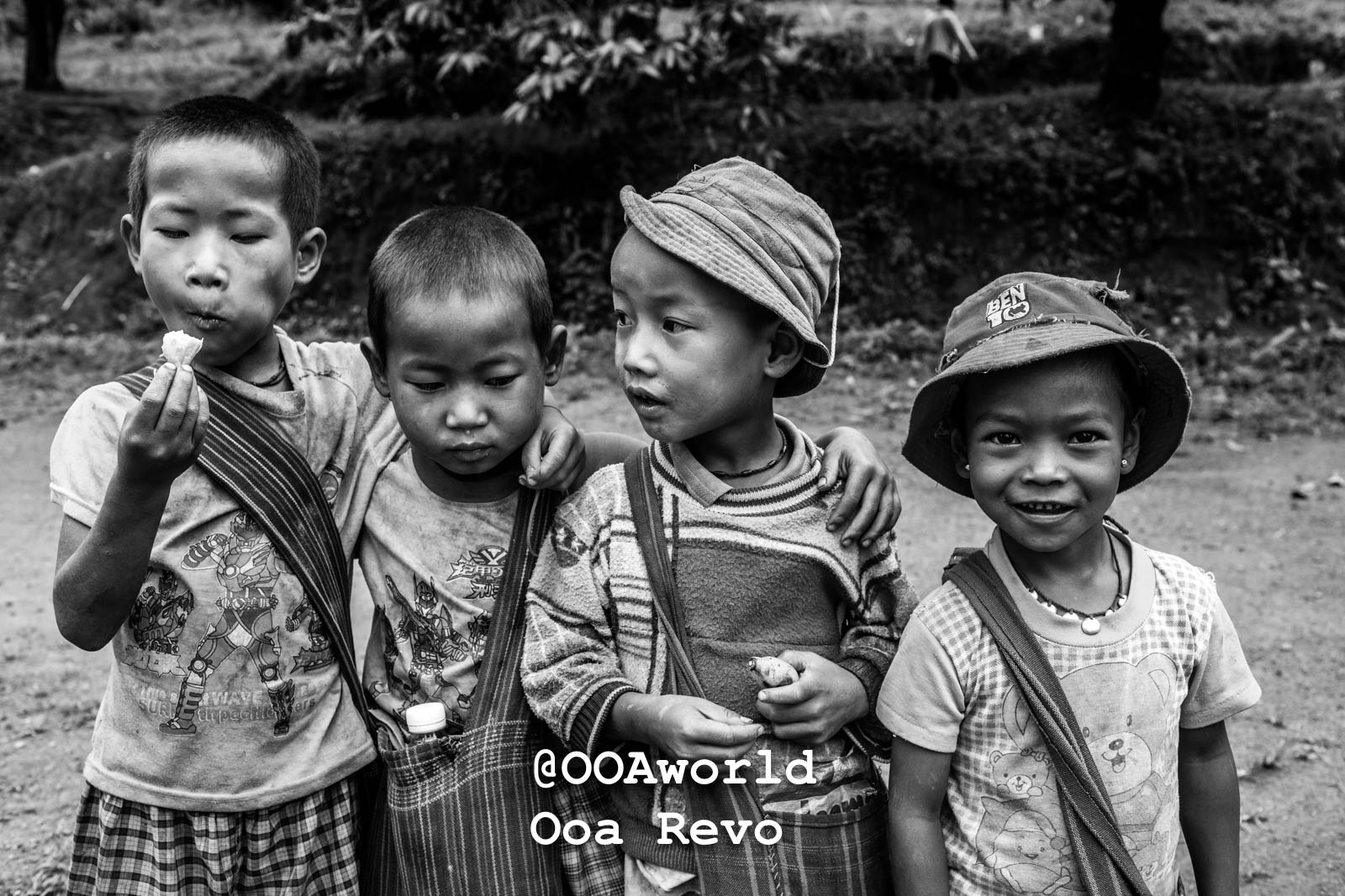Kalaw Portraits Kalaw Htee Thein black and white photo of four smiling children with hats Photo OOAworld