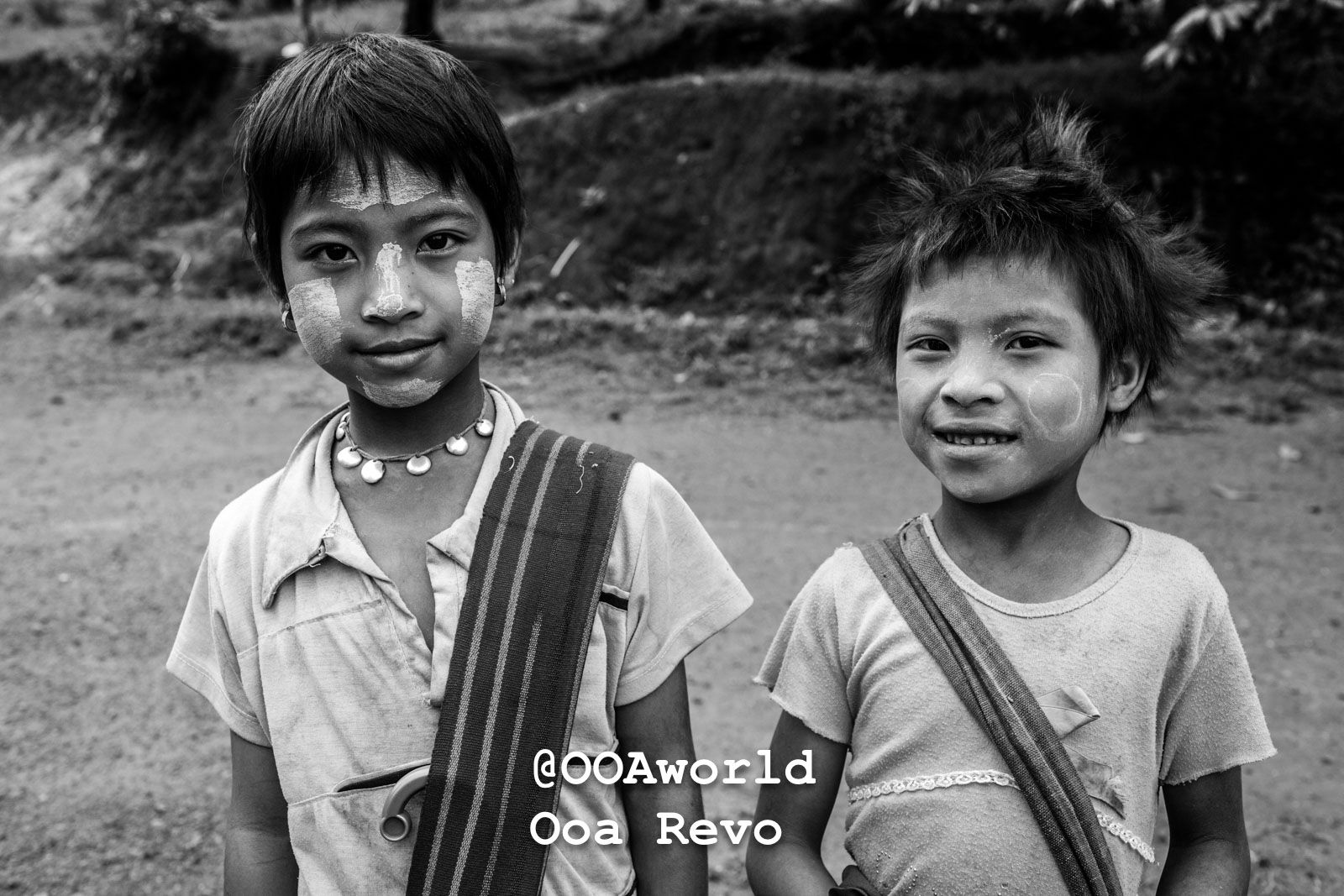 Kalaw Portraits Kalaw Htee Thein Black and white portrait of two children with traditional face paint smiling Photo OOAworld