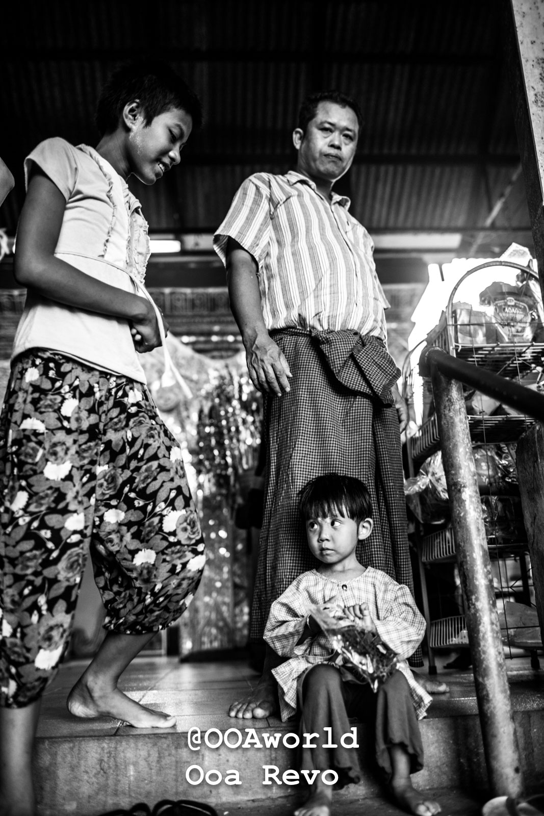 Mandalay People Mandalay Black and white street portrait of family in traditional clothing Photo OOAworld