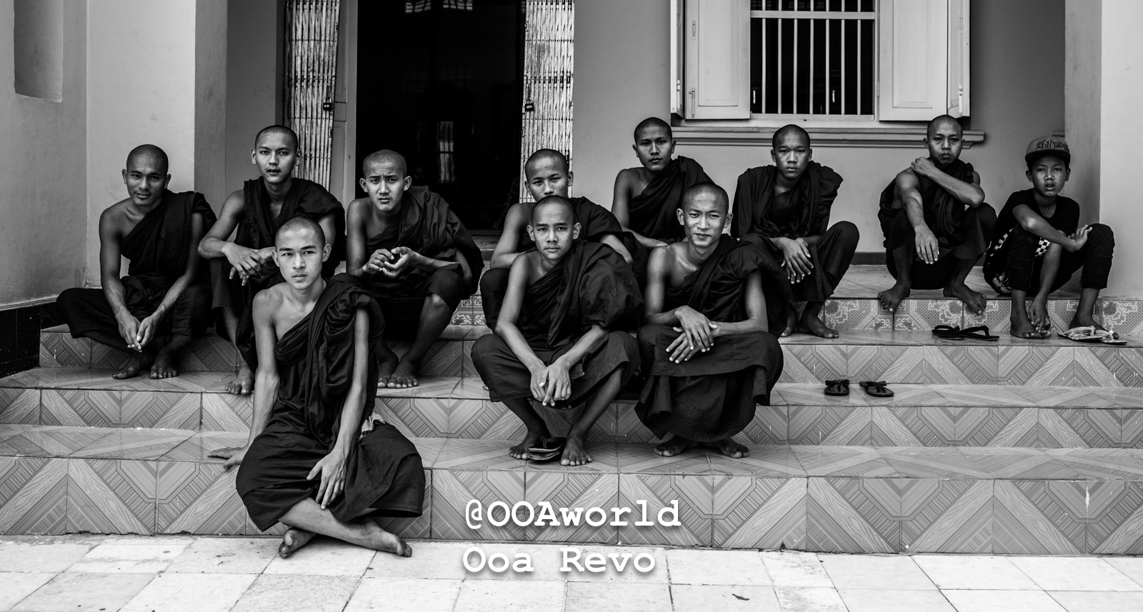 Mandalay People Mandalay group of young monks sitting on steps black and white Photo OOAworld