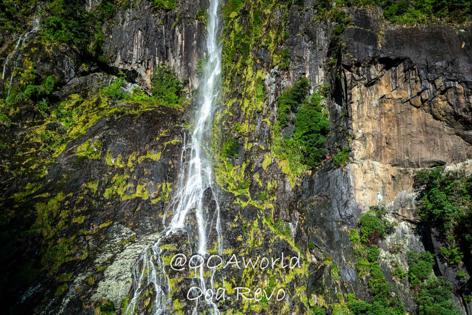 Milford Sound Fjord New Zealand waterfall cascading down lush rocky cliff Photo OOAworld