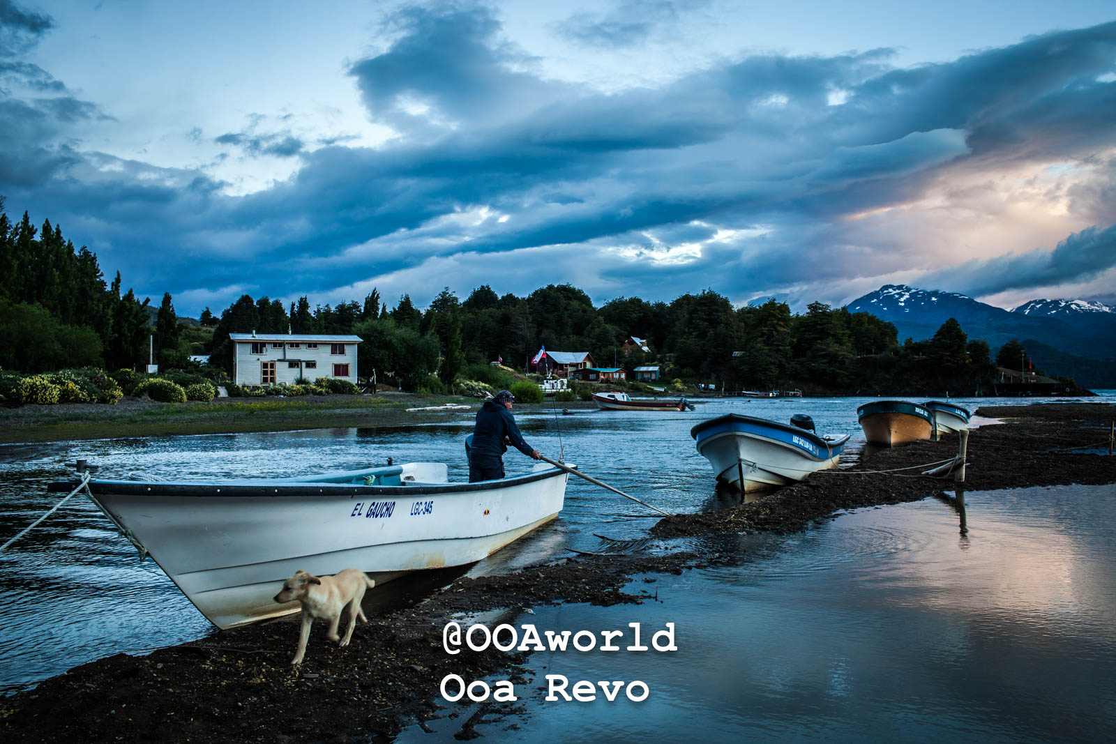 Puerto Rio Tranquilo People and Landscapes Puerto Rio Tranquilo OOAworld fishing boats shore mountains dusk Chile Photo OOAworld