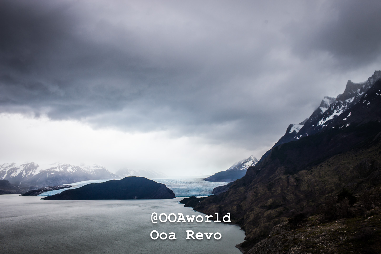 Torres Del Day Arrival Day Torres Del Paine Trek dramatic sky over patagonian mountains and glacier Photo OOAworld