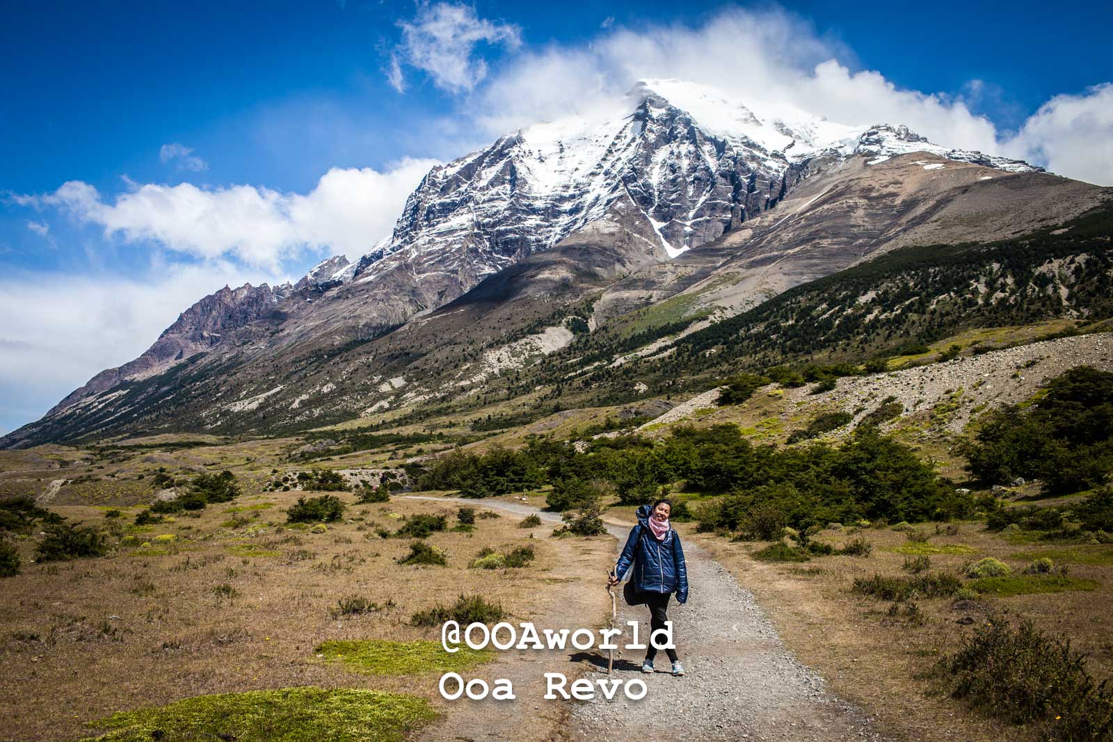 Torres Del Paine Day 4 End of Trek Torres Del Paine Trek Hiker with trekking pole on trail in Torres del Paine National Park Photo OOAworld