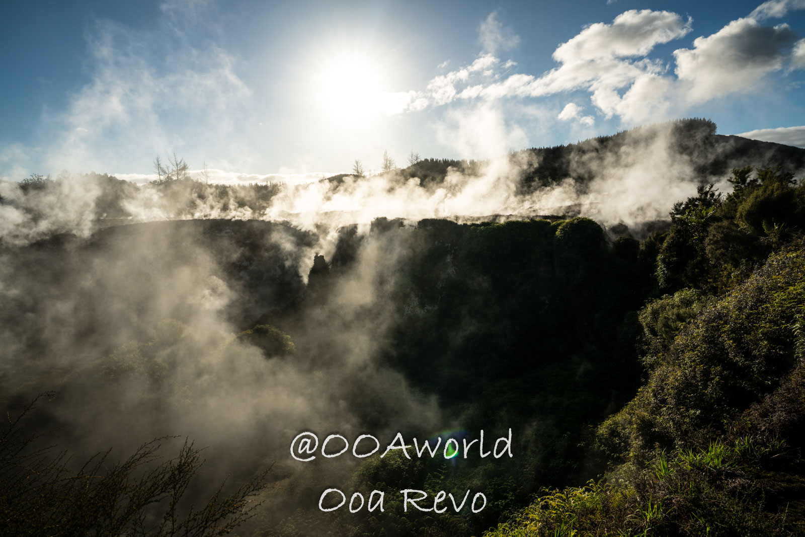 Wellington, Martinborough to Huka Falls New Zealand steaming landscape with bright sun and clouds Photo OOAworld