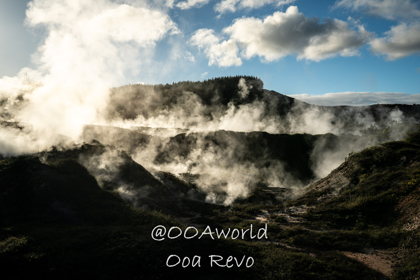 Wellington, Martinborough to Huka Falls New Zealand steaming volcanic landscape at sunrise Photo OOAworld