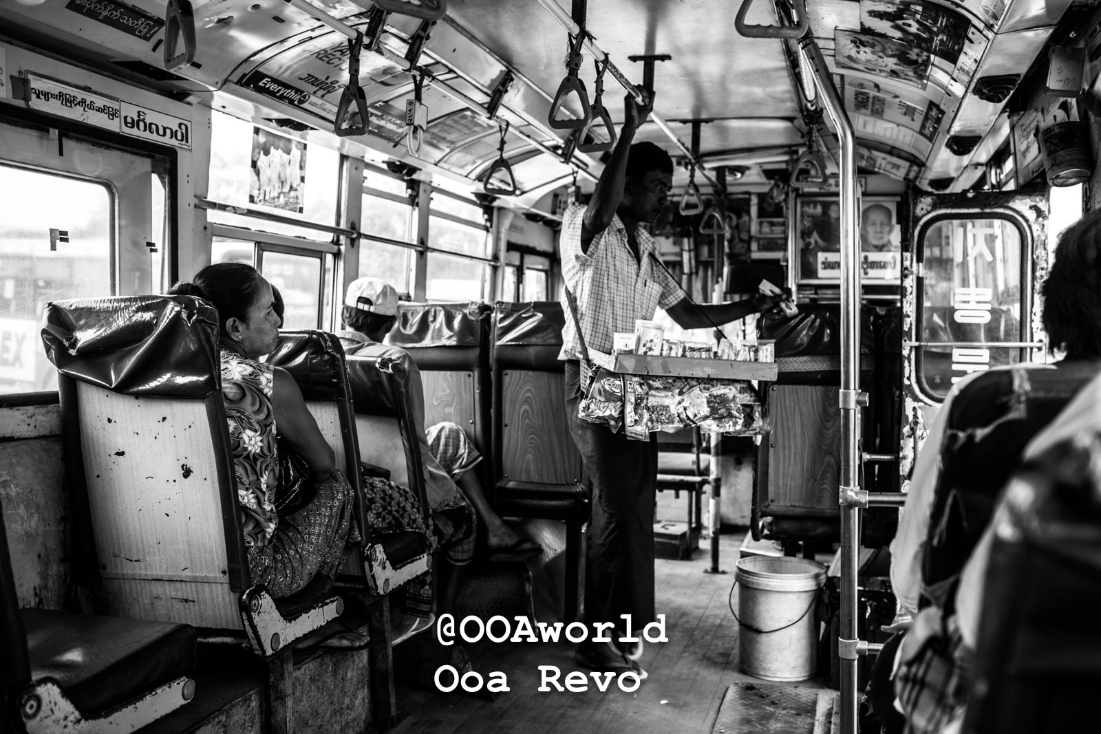 Yangon People and Streets Yangon Vintage bus interior in Myanmar black and white Photo OOAworld