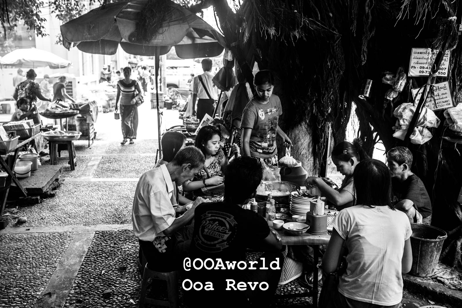 Yangon People and Streets Yangon people eating at outdoor market black and white Photo OOAworld