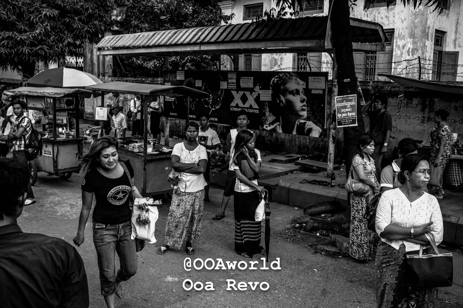 Yangon People and Streets Yangon busy street market black and white scene Myanmar Photo OOAworld