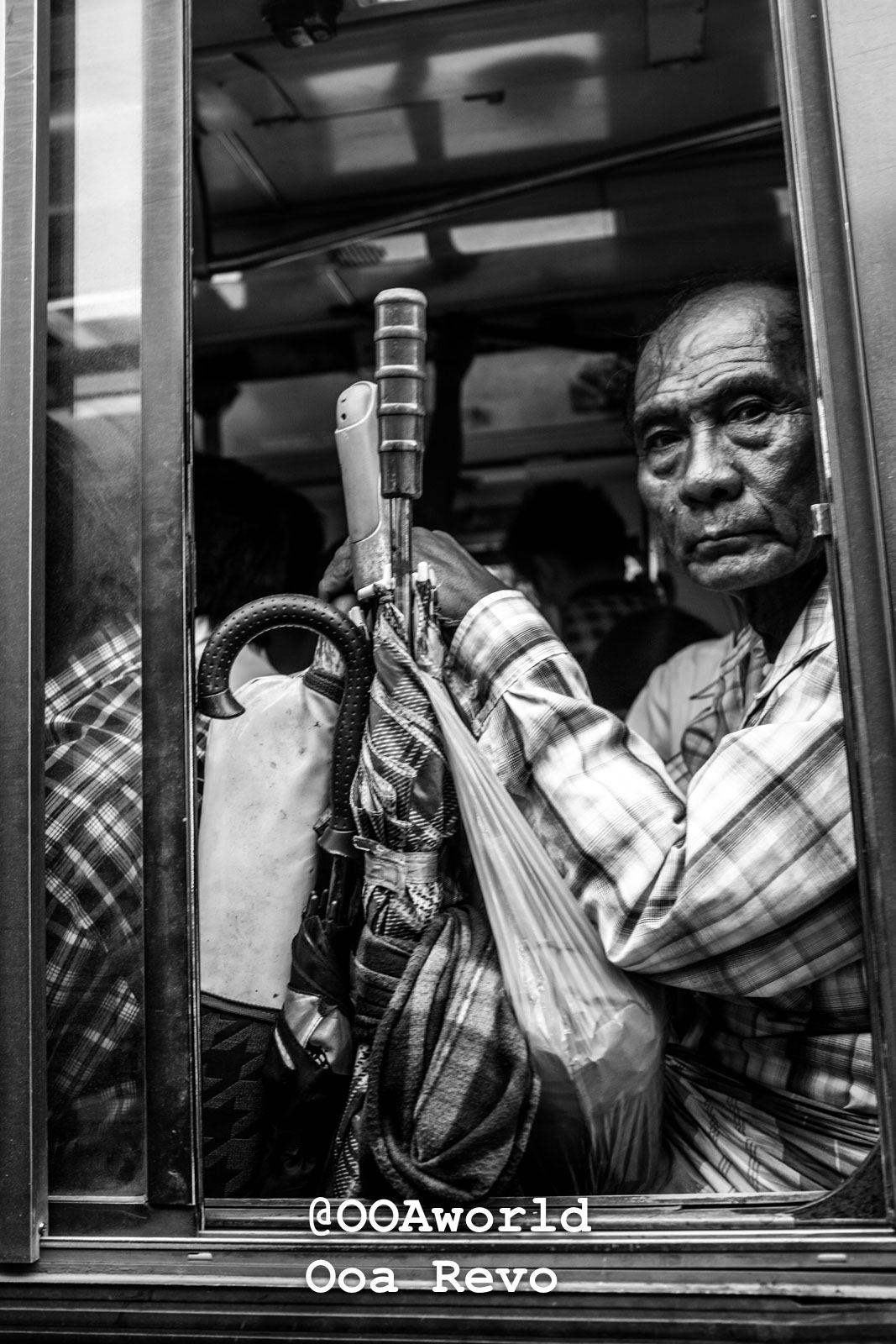 Yangon People and Streets Yangon black and white portrait man bus ride Photo OOAworld