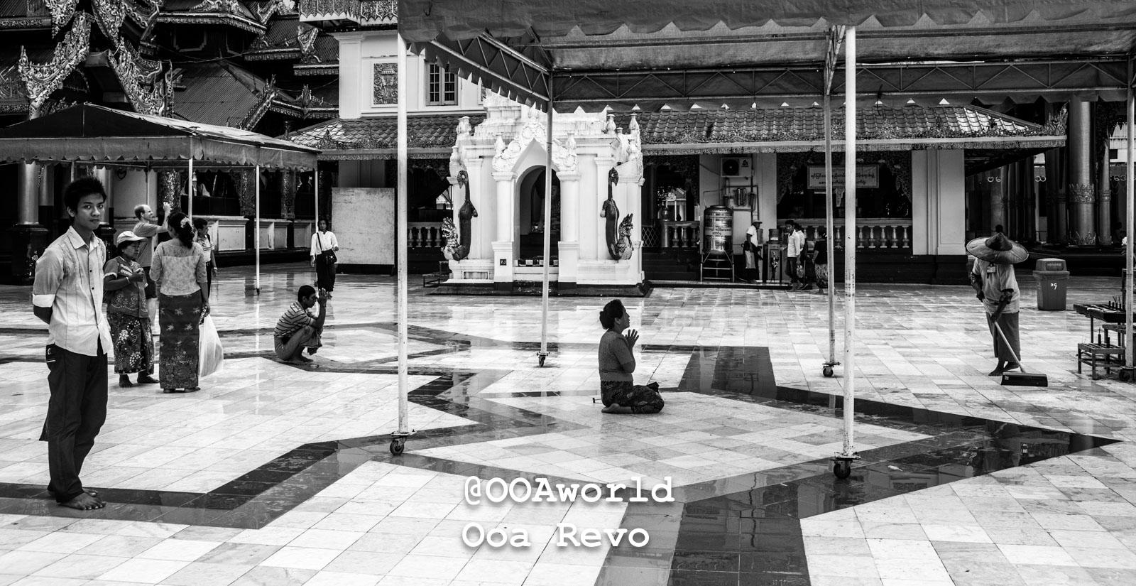 Yangon People and Streets Yangon people gathered in a temple courtyard black and white Photo OOAworld