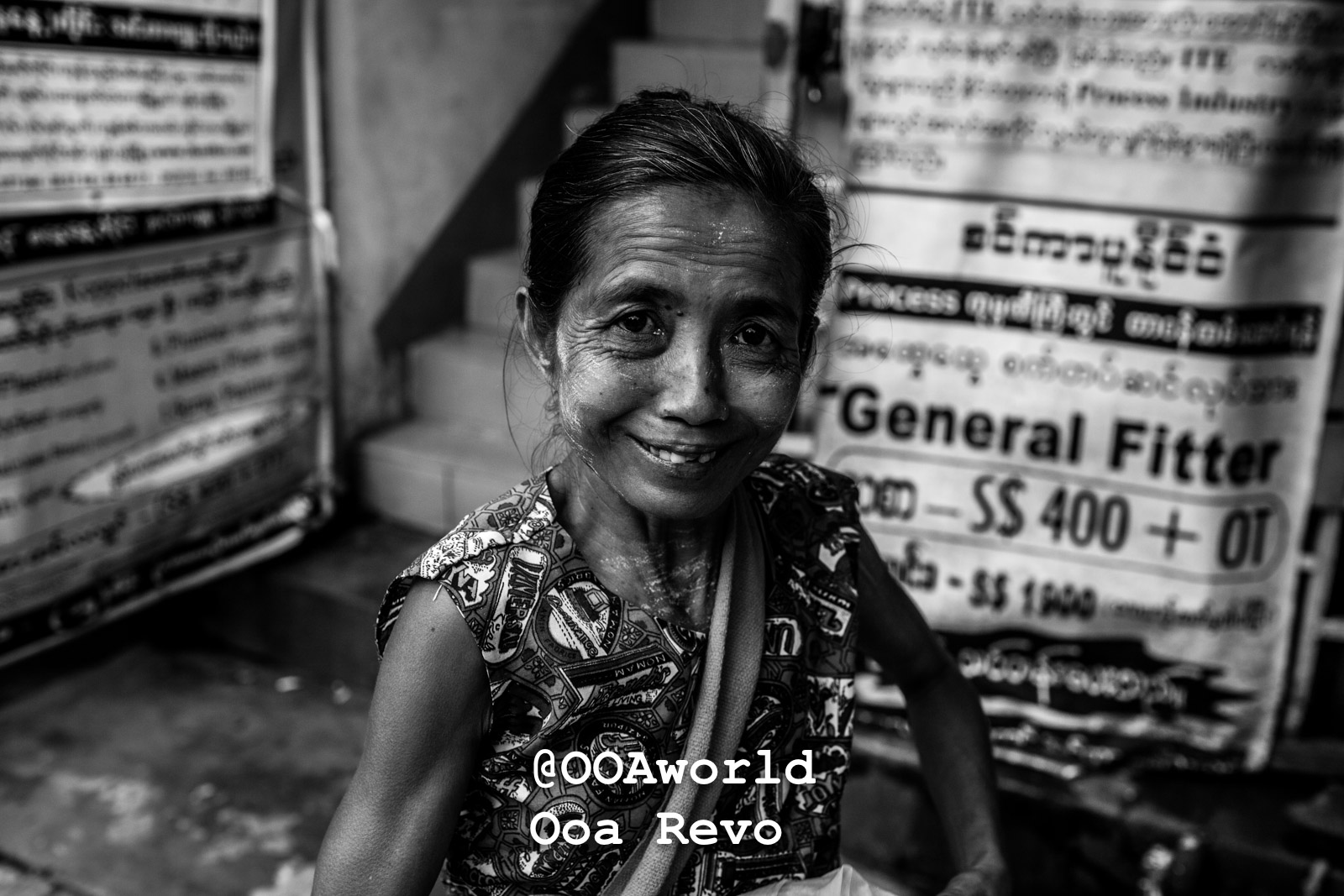 Yangon Streets and Textures Yangon Smiling Woman Urban Portrait Black and White Photo OOAworld Yangon Streets and Textures Yangon portrait of smiling woman in urban setting black and white Photo OOAworld
