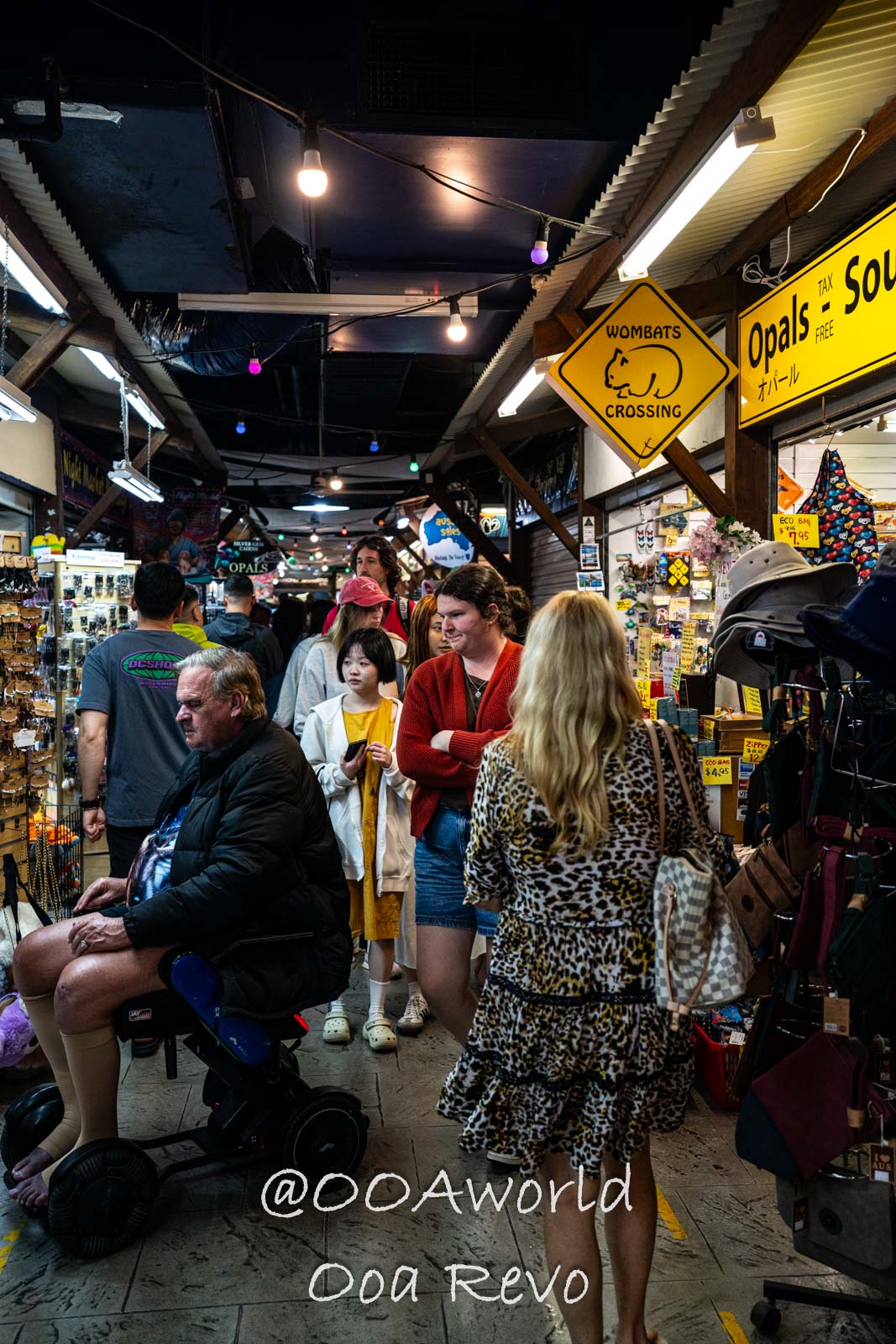 Cairns Australia crowded market scene with tourists and wombat crossing sign Photo OOAworld