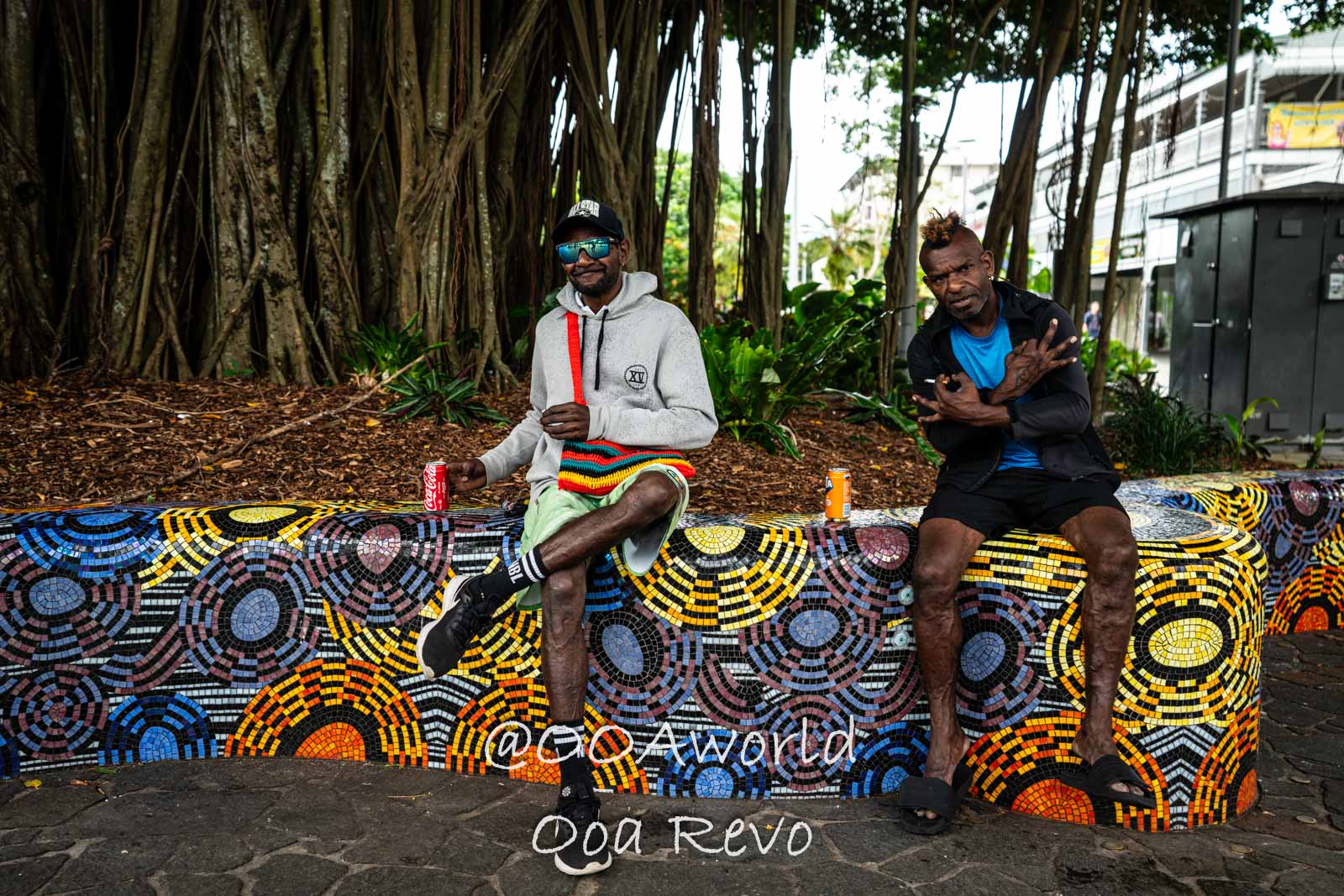 Cairns Australia Two men sitting on a colorful mosaic bench in an urban park Photo OOAworld