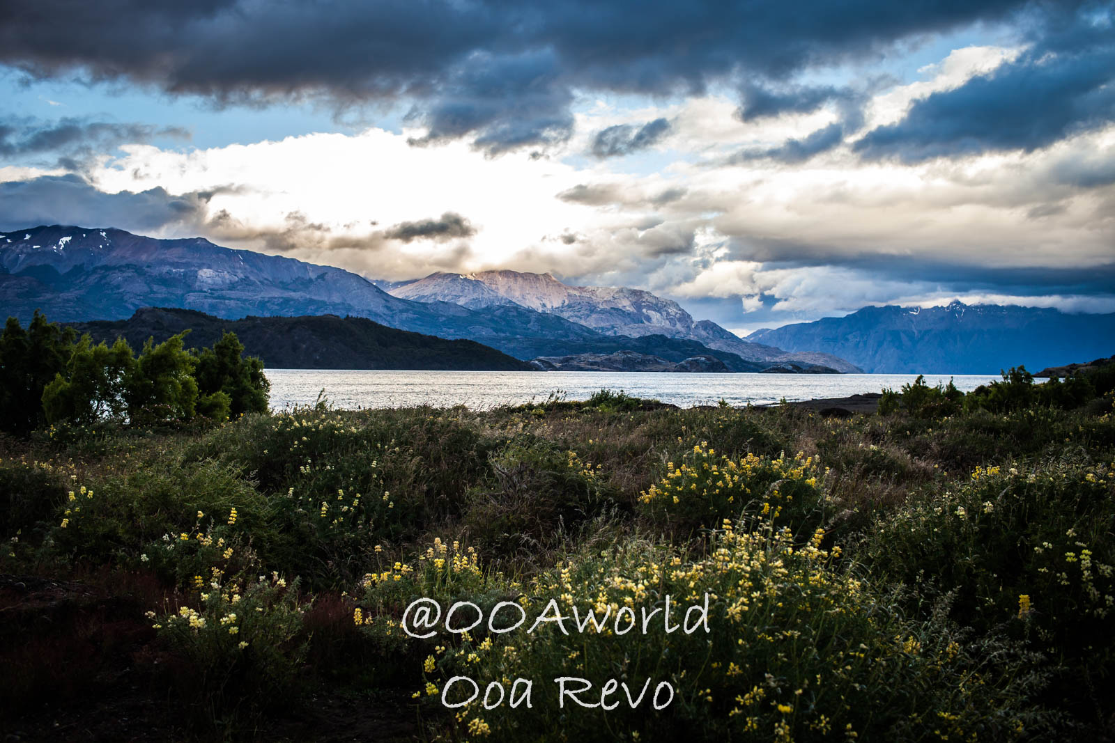 Bus Chile Chico to Puerto Rio Tranquilo Landscapes Chile Chico Mountain landscape with dramatic clouds and wildflowers Photo OOAworld
