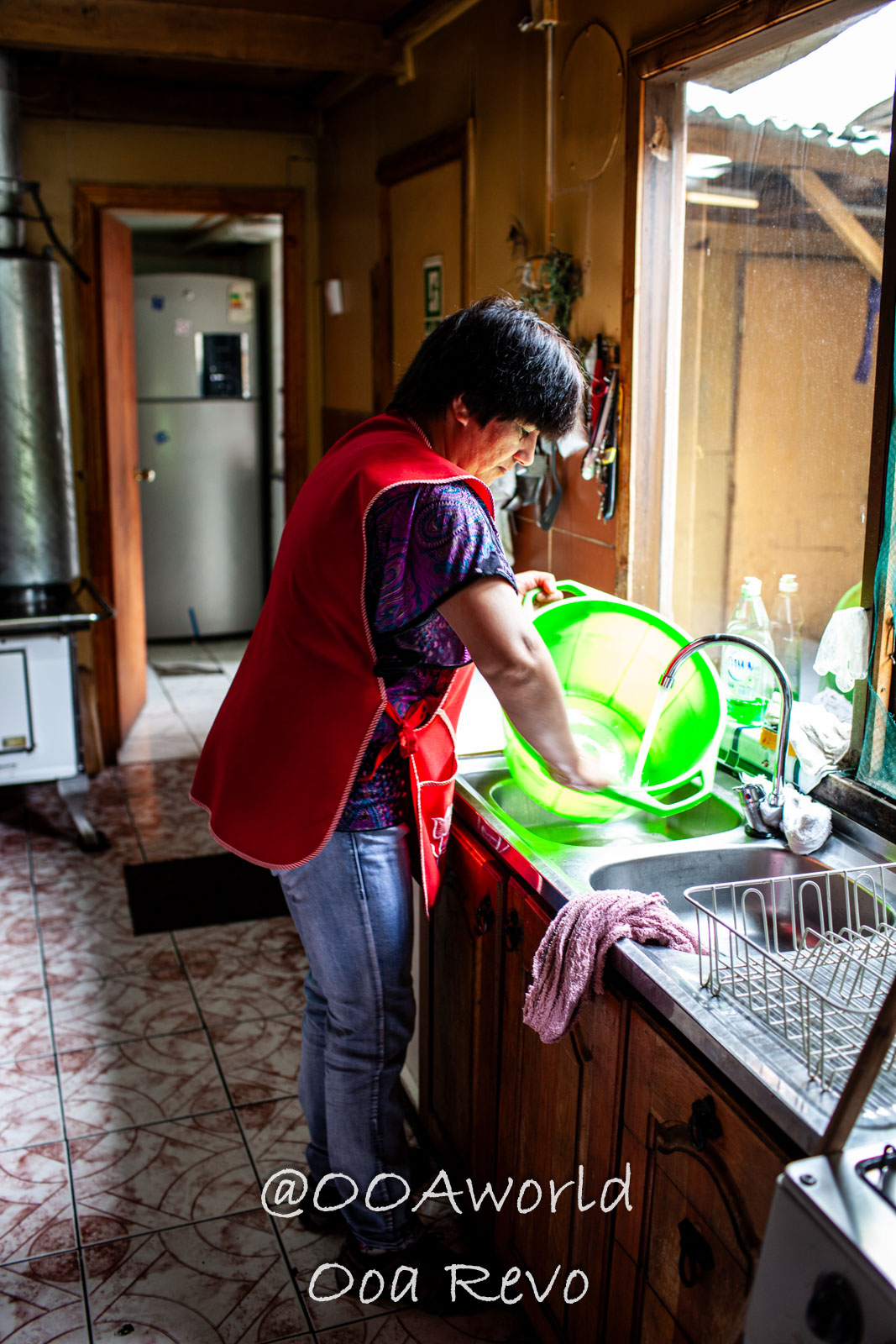 People Portraits Streets Puerto Cisnes woman washing dishes in rustic kitchen Photo OOAworld