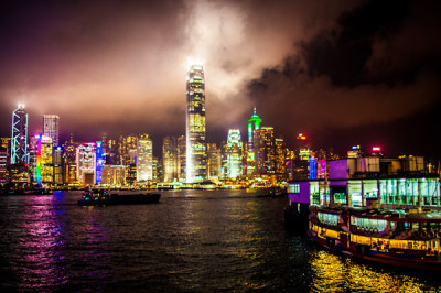 Hong-Kong's skyline at night, as seen from the ferry to Macau.